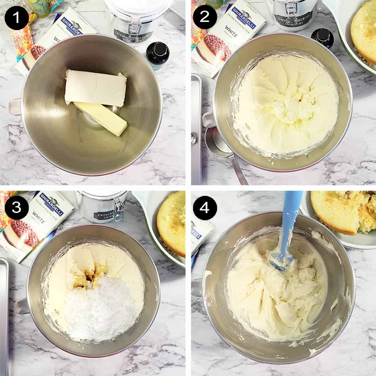 Steps 1-4 to make cake balls with cream cheese.