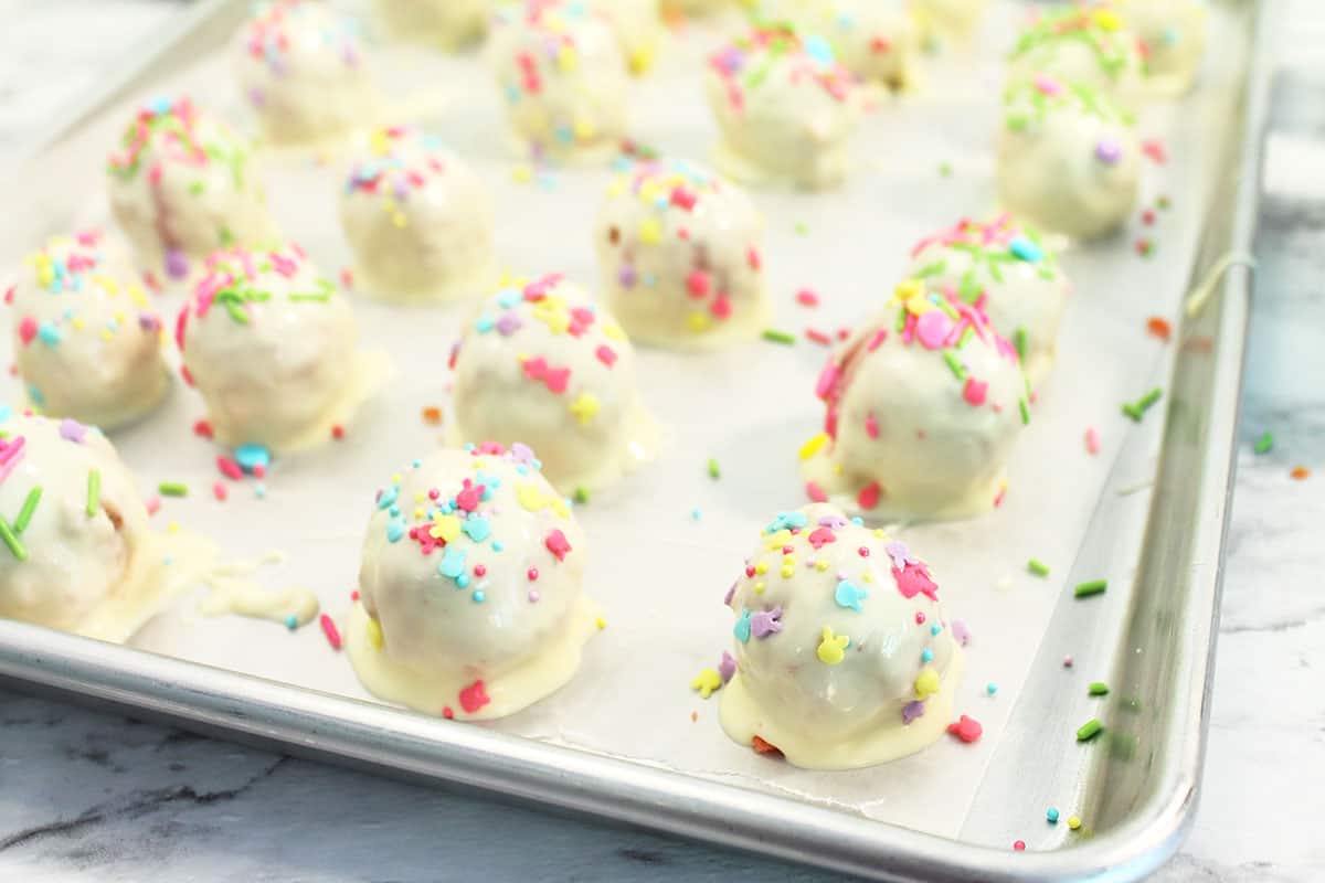 Waiting for chocolate to set on cookie sheet.