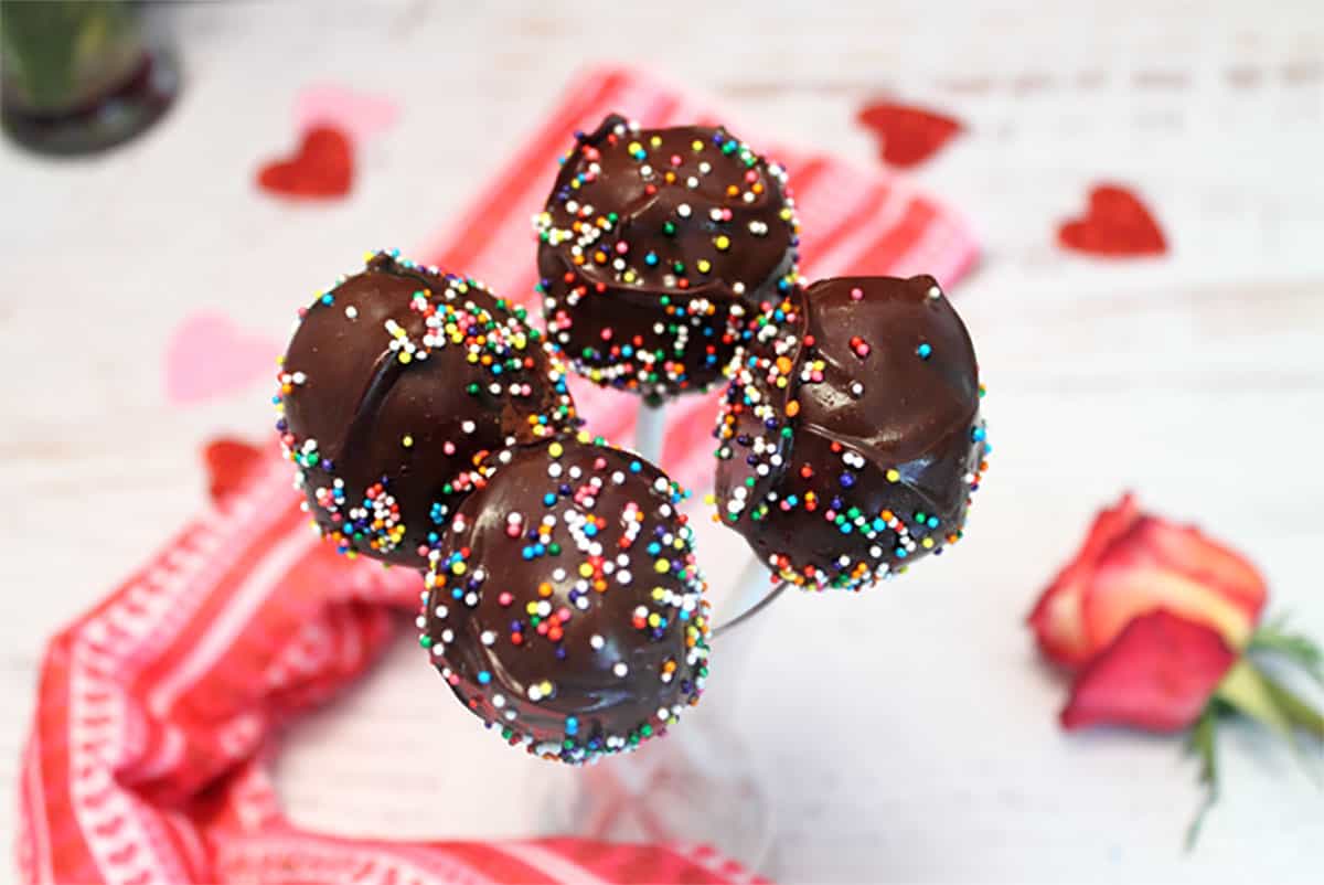 Chocolate covered cake pops on popsicle sticks.