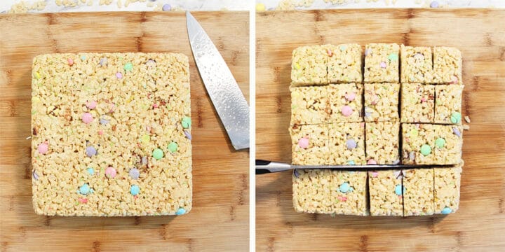 Cooled square of treats and cut square of treats.