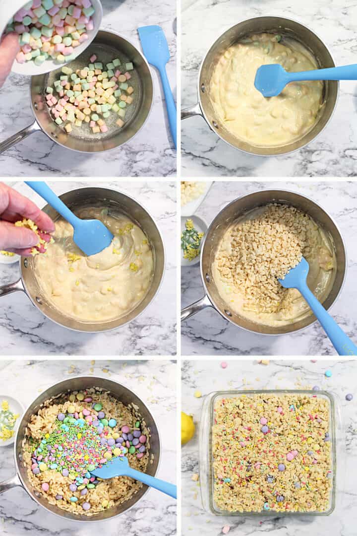 Prep steps for homemade rice krispie treats 1-6.