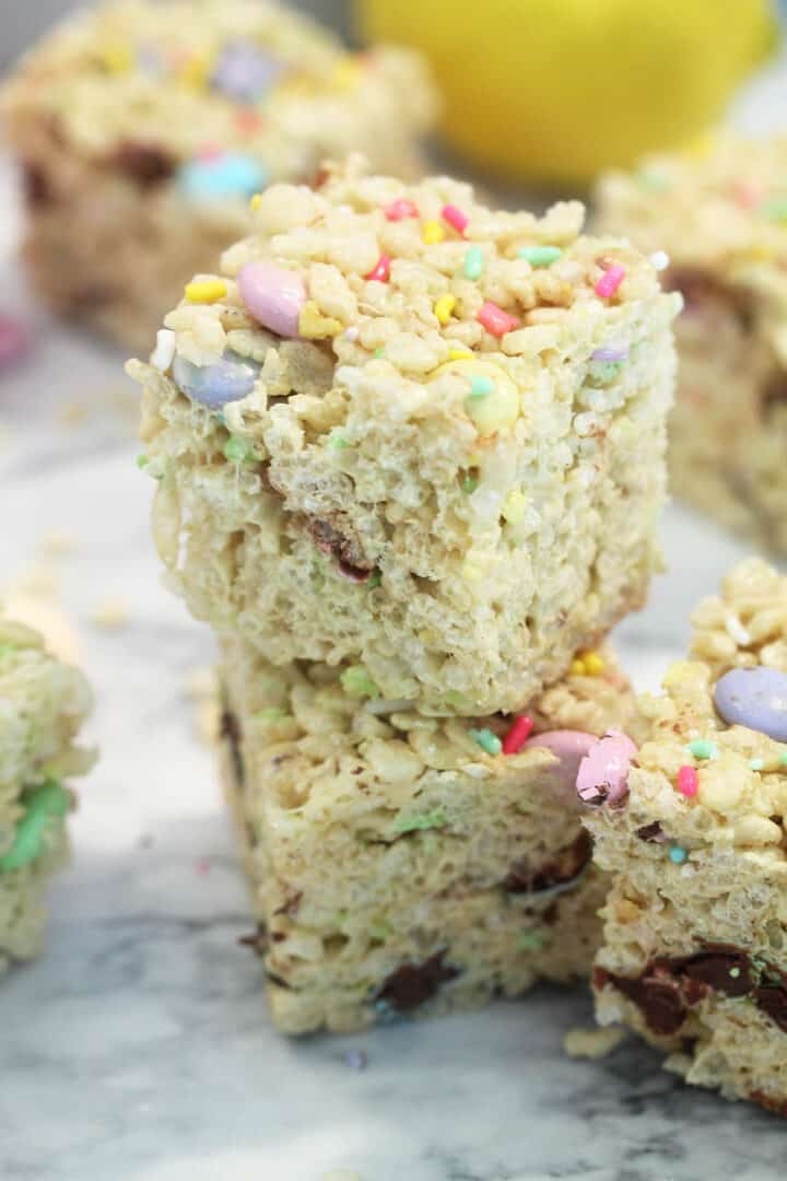 Closeup of rice krispie treats showing candy and sprinkles.