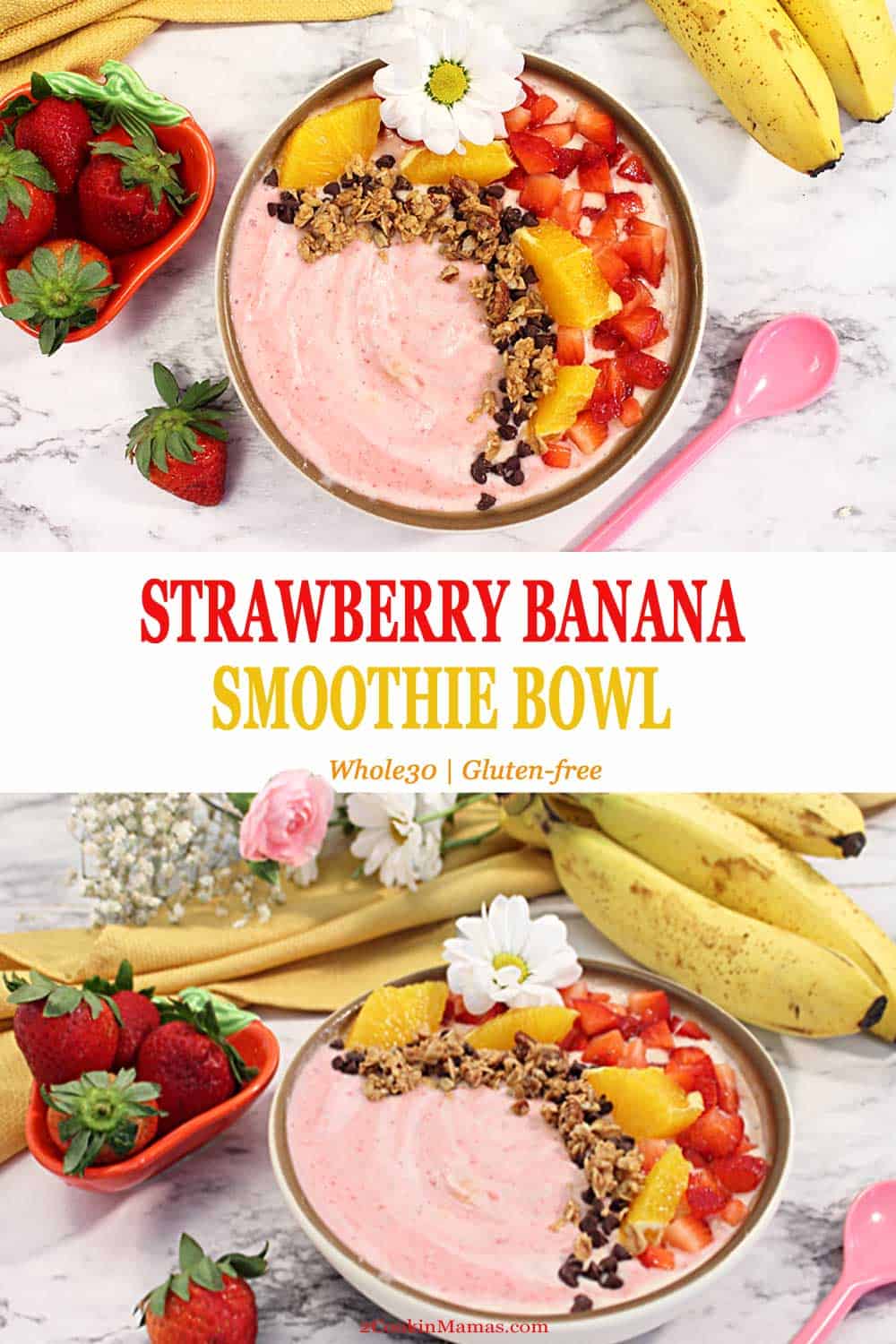 Strawberry Banana Smoothie Bowl | 2 Cookin Mamas This Strawberry Banana Smoothie is not only delicious but easy to make and healthy too! A recipe that combines all things summer, strawberries, orange juice and bananas. It's the perfect breakfast to start the day. #smoothie #recipe #healthy #breakfast #easy #bowl #strawberrybanana #yogurt #chiaseeds