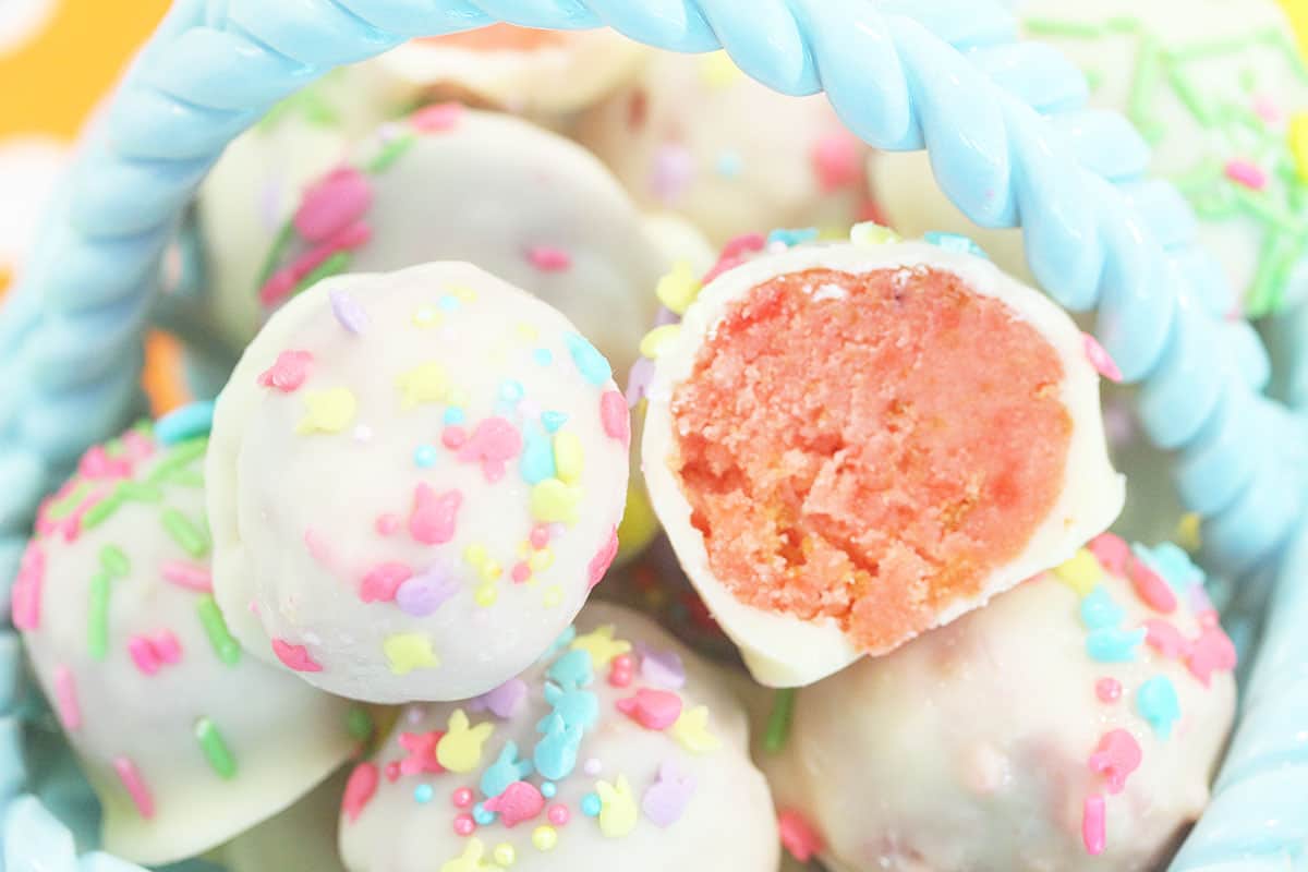 Closeup of Easter Cake Balls in blue Easter basket.