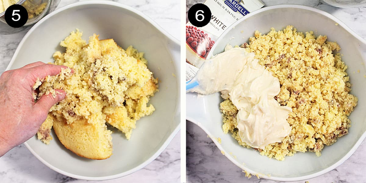 Mixing cake crumbs and cream cheese steps.