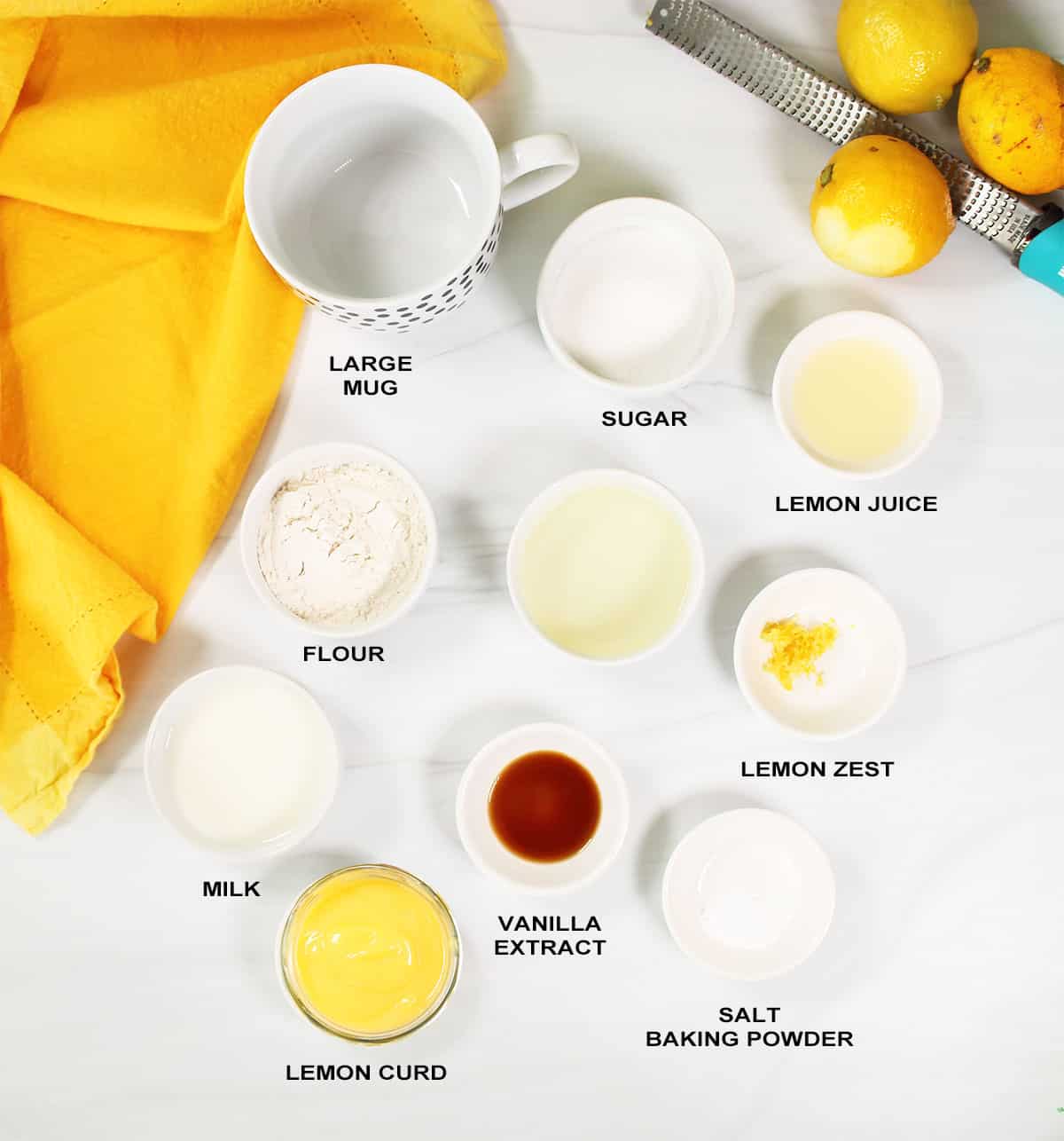 Lemon cake in a mug recipe ingredients.