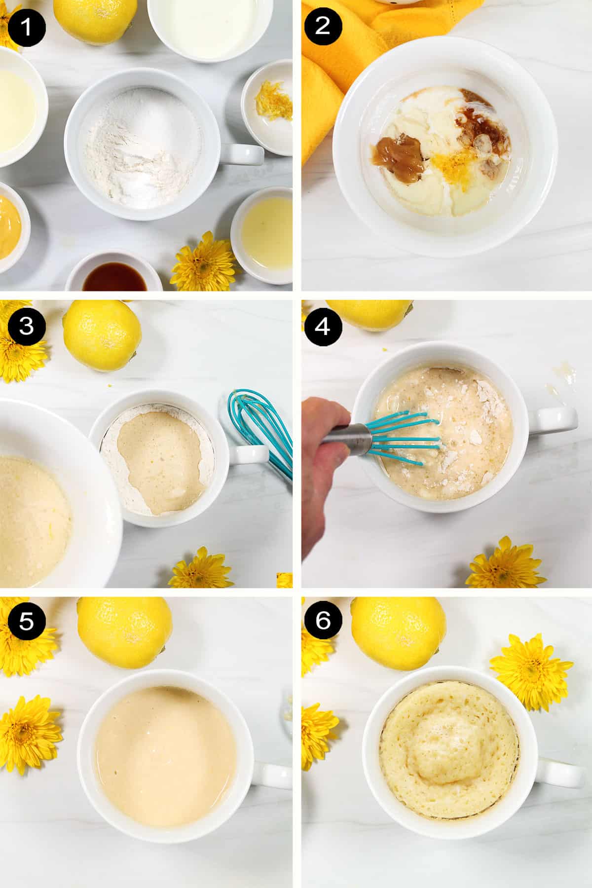 Steps for how to make lemon mug cake.