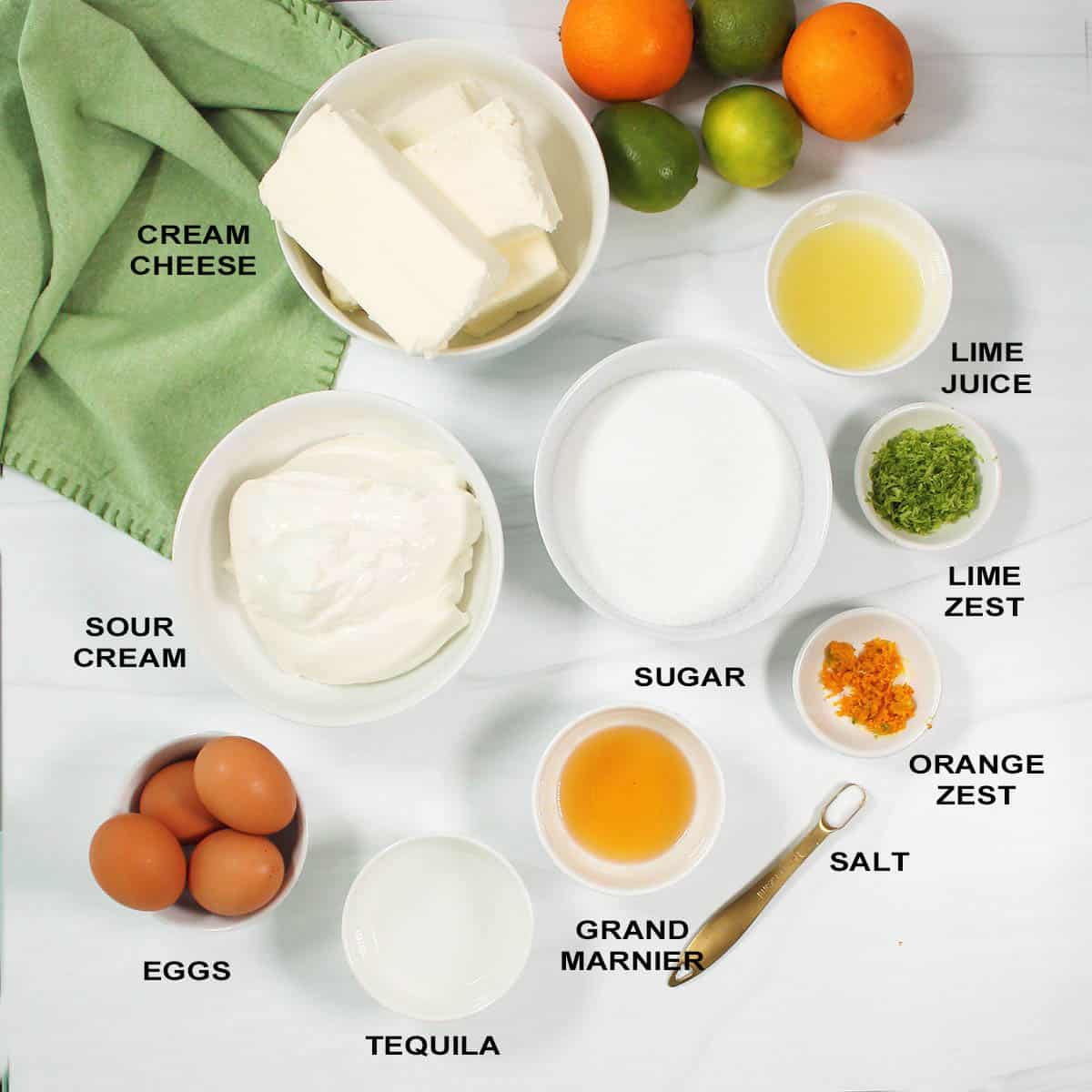 Ingredients for margarita cheesecake labeled.