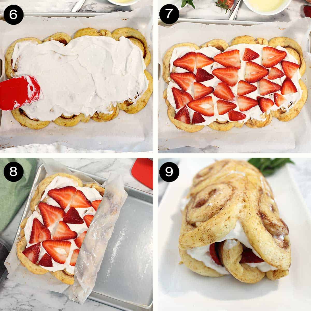 Steps to fill and roll strawberry cinnamon rolls.