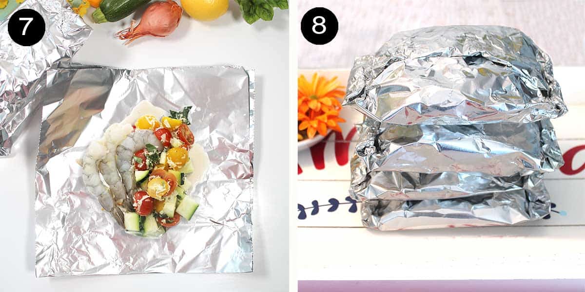 Steps to wrap shrimp and vegetables in foil.