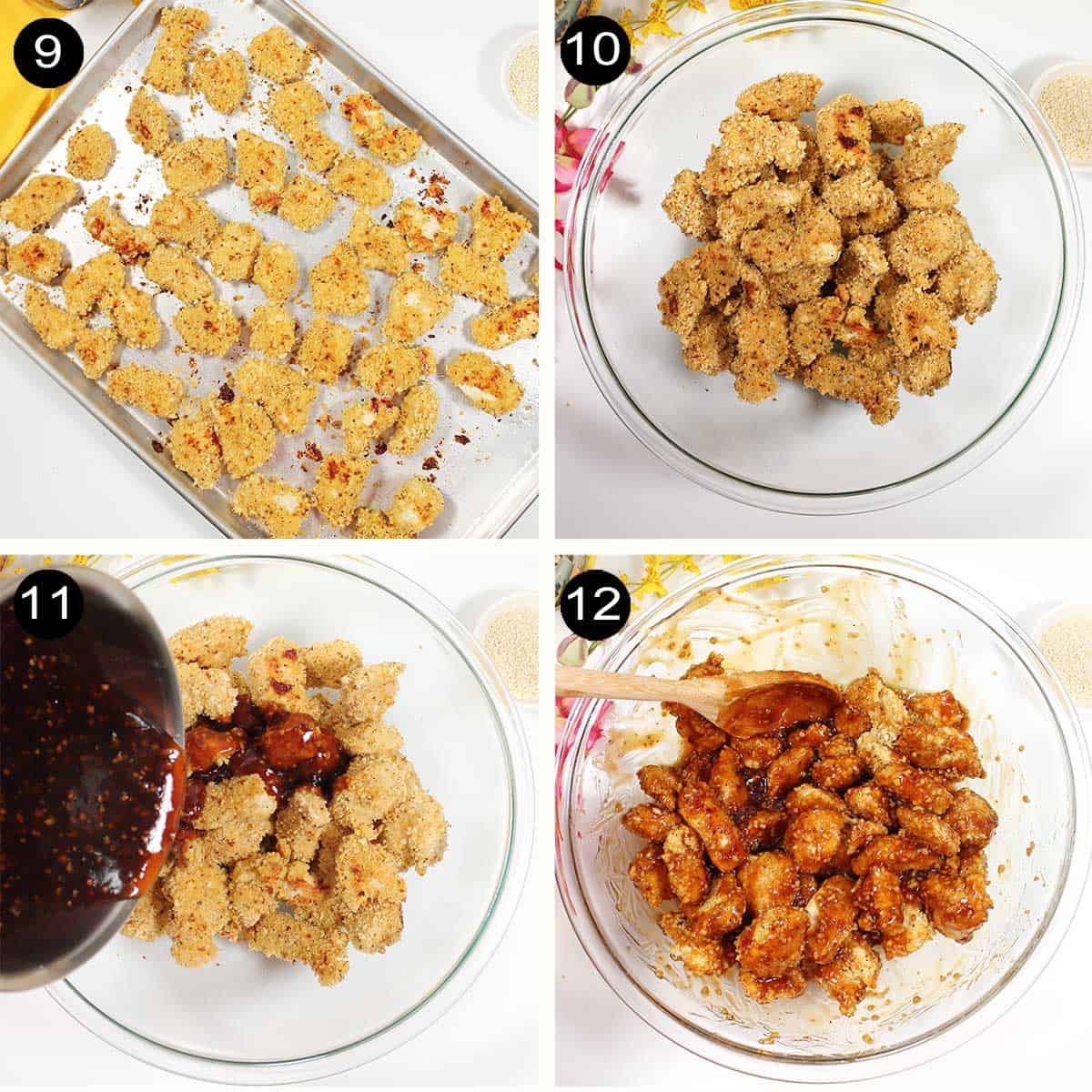 Steps to assemble sticky honey garlic chicken.