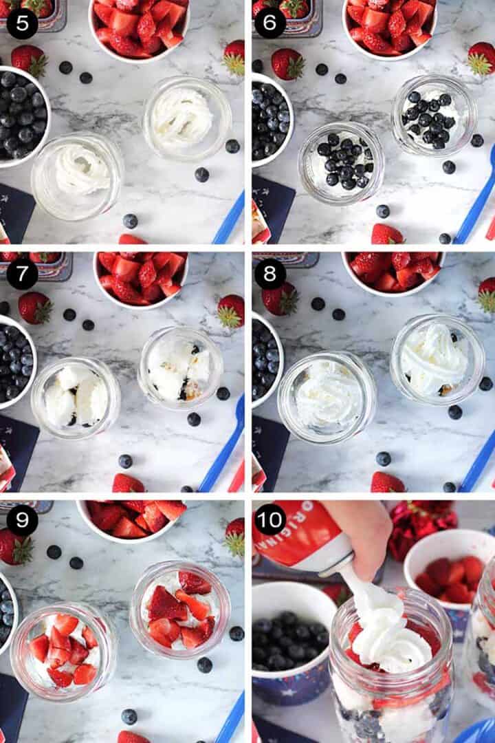 Assembling red white and blue parfaits steps 5-10.