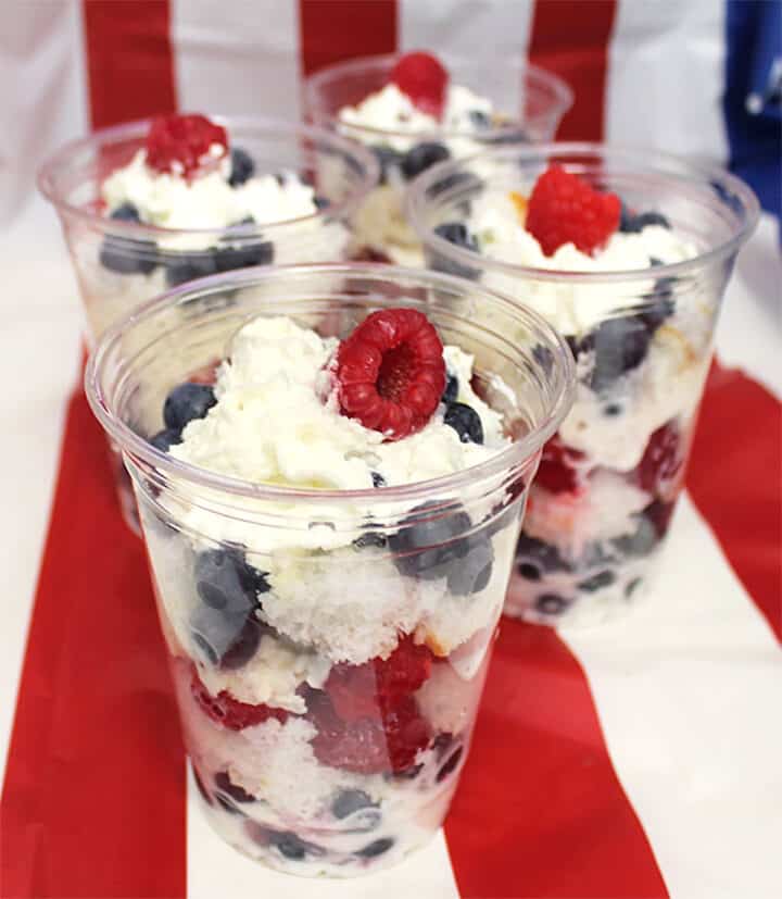Red White and Blue Parfaits in plastic cups.