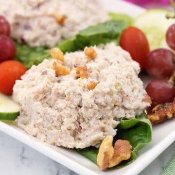 Closeup of rotisserie chicken salad with grapes.