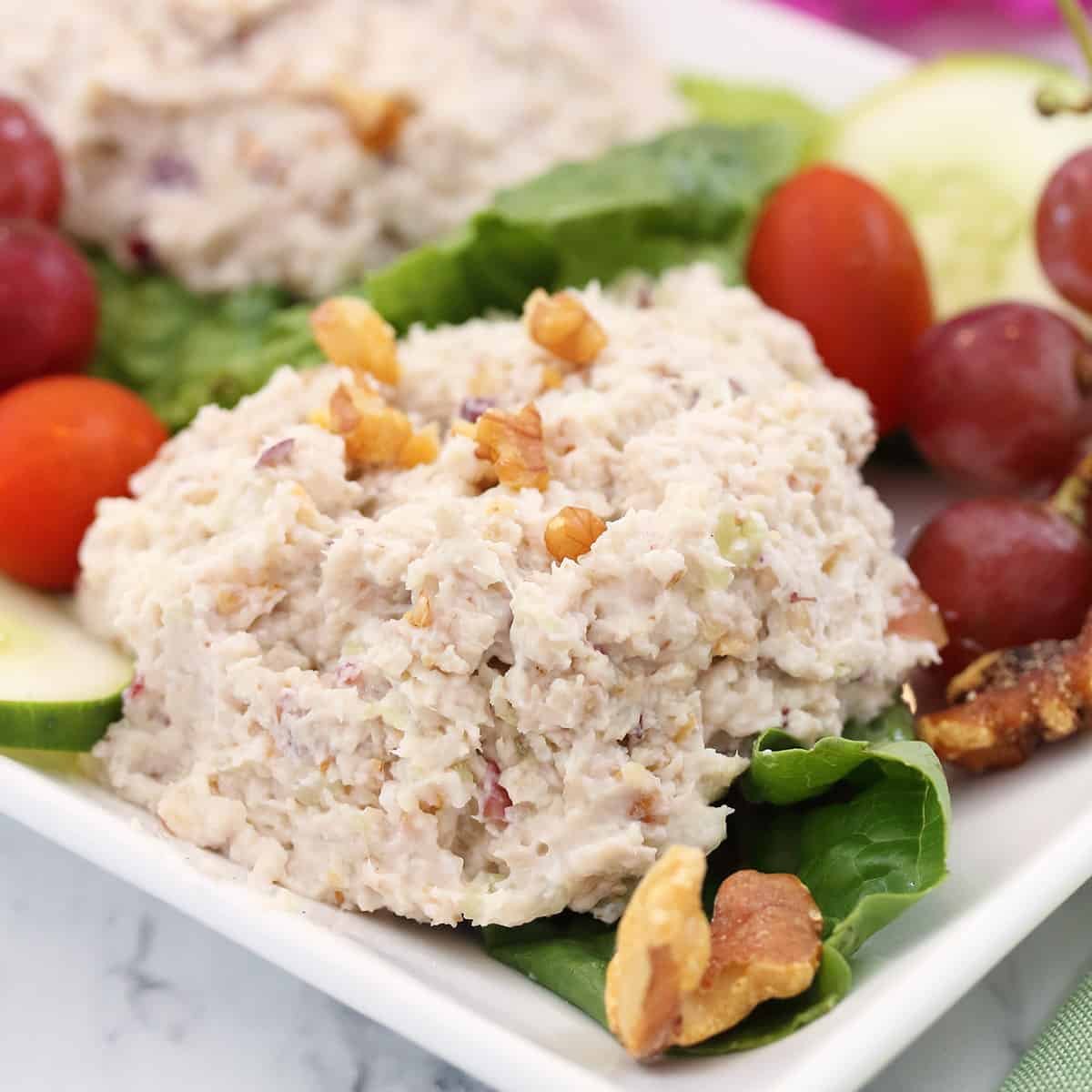 Closeup of rotisserie chicken salad with grapes.