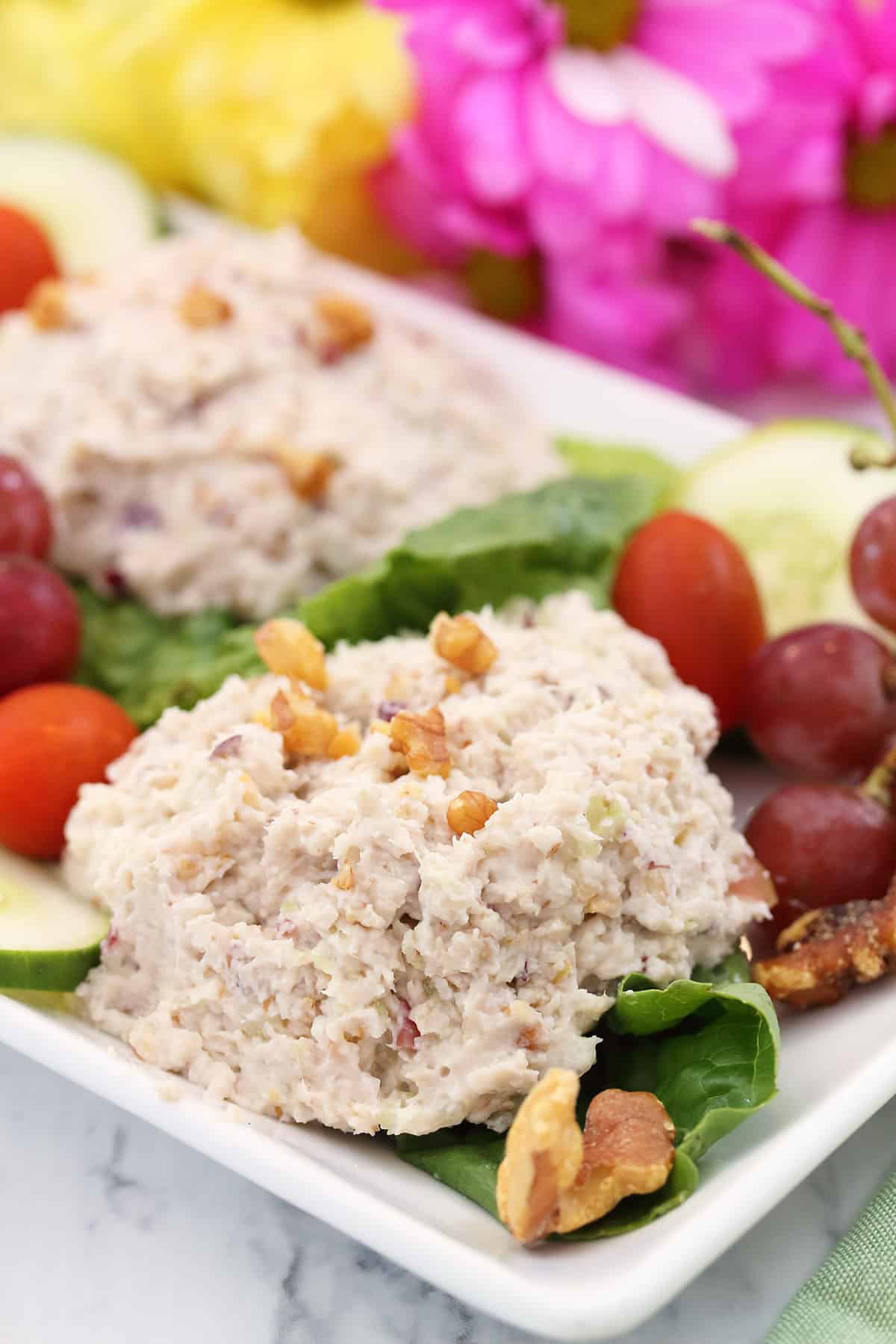 Closeup of chicken salad recipe with grapes.