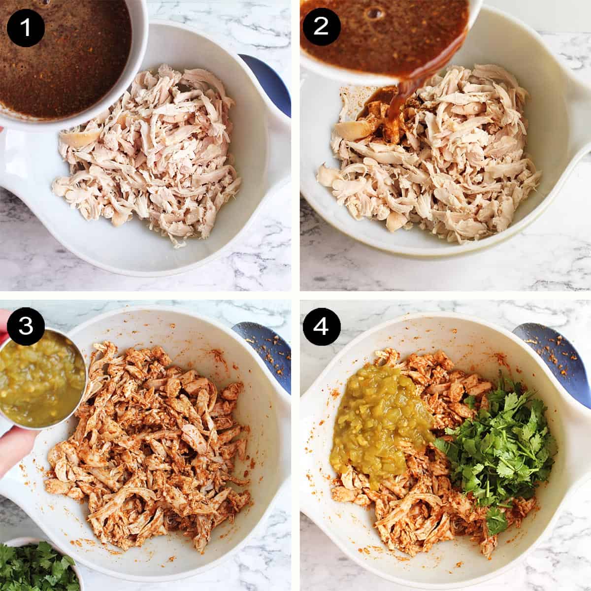 Steps to make chicken enchilada filling.