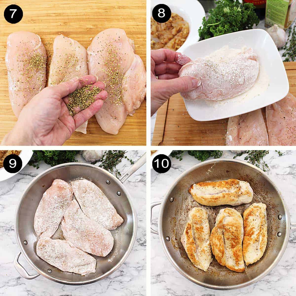 Steps to prep and brown chicken.