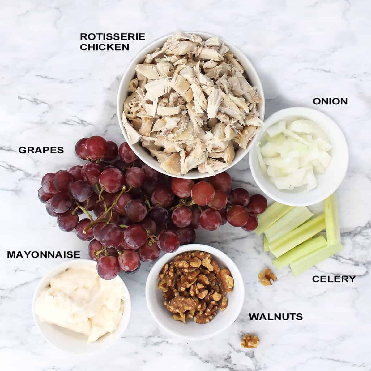 Ingredients for chicken salad with grapes.