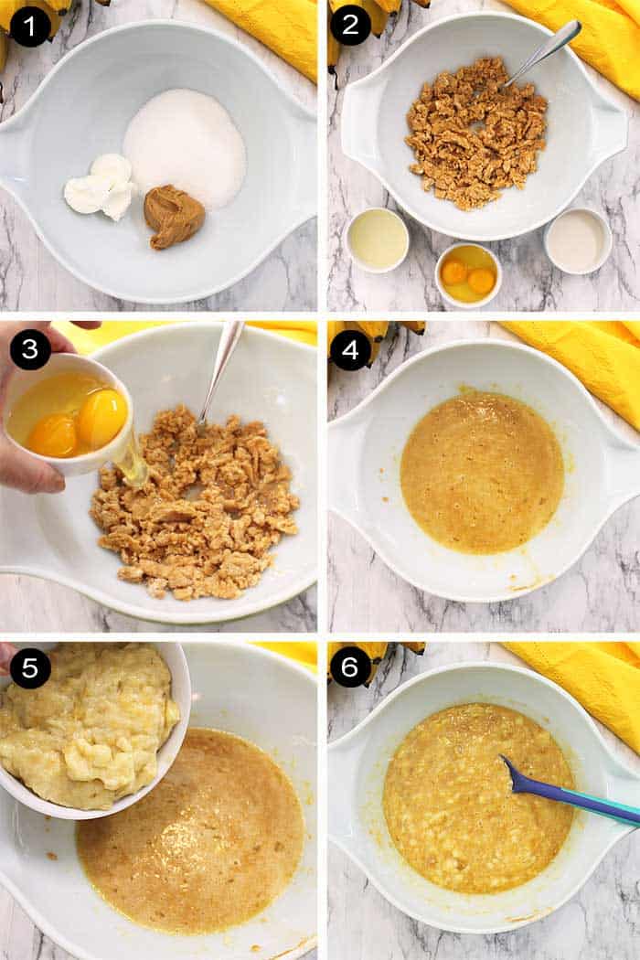 Steps from flour base, adding peanut butter to mashed bananas.