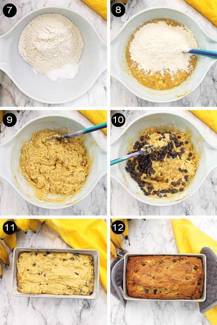 Steps from banana mixture to adding chocolate chips to baking.