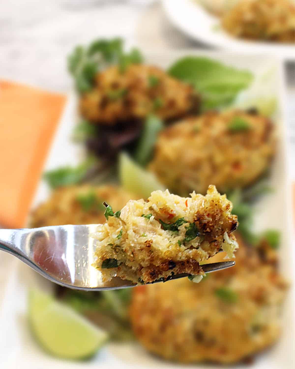 Bite of tuna patty on fork.