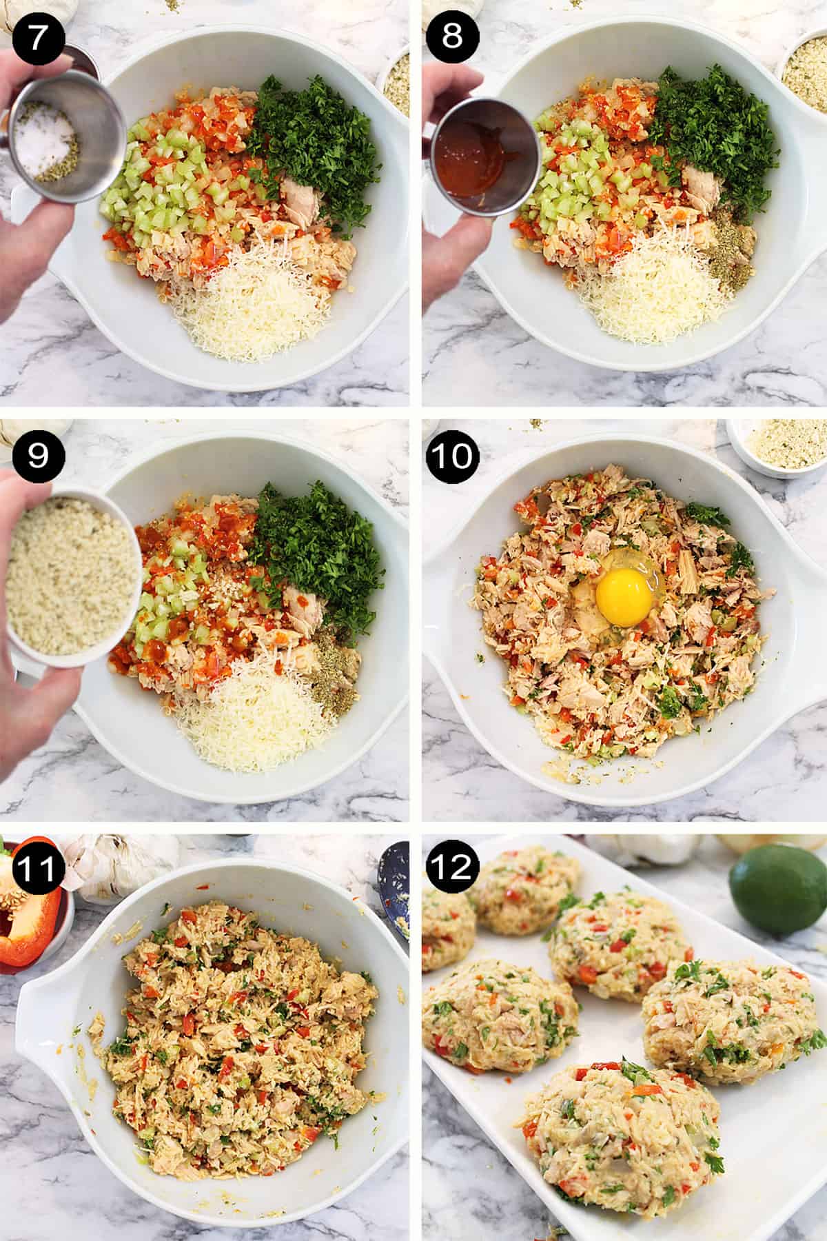 Prep steps to mix ingredients and form into tuna fish cakes.