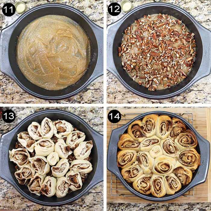 Assembling sticky buns and baking.