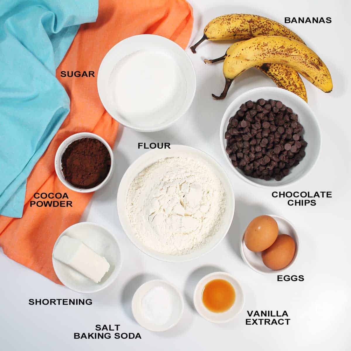 Ingredients to make chocolate chocolate chip banana bread.