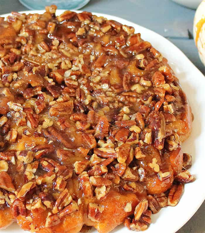 Closeup of caramel pecan topping.