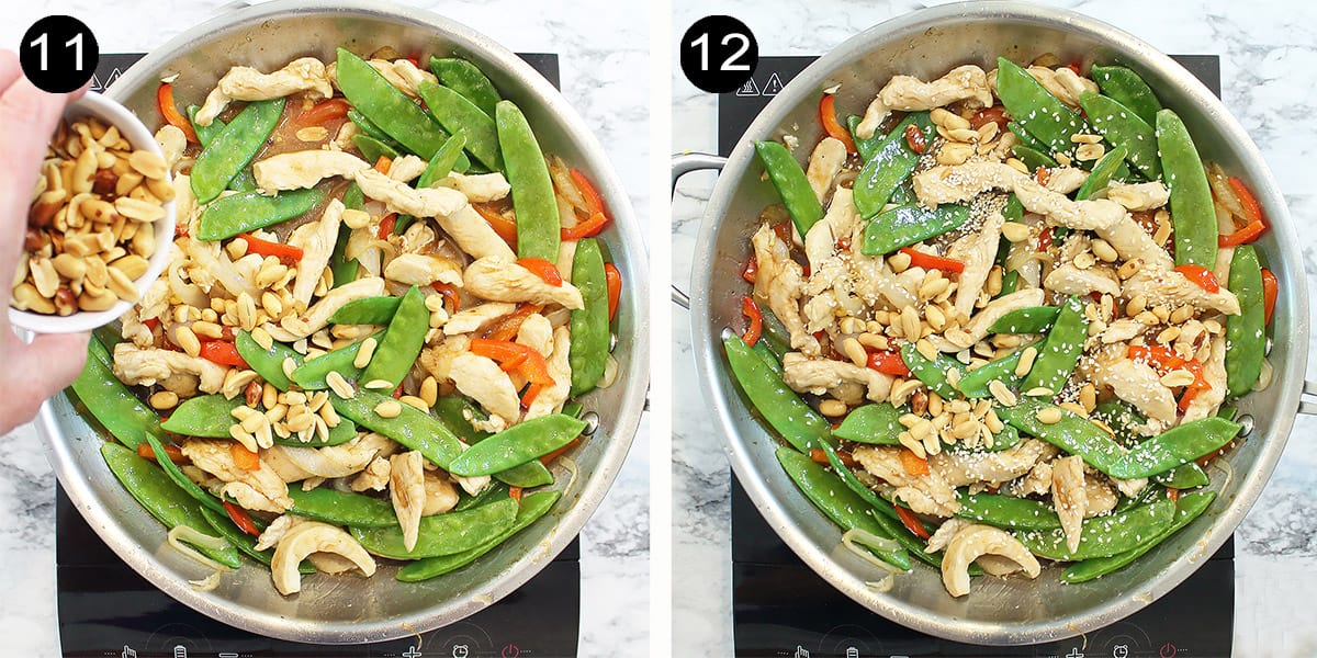 Adding peanuts and sesame seeds.