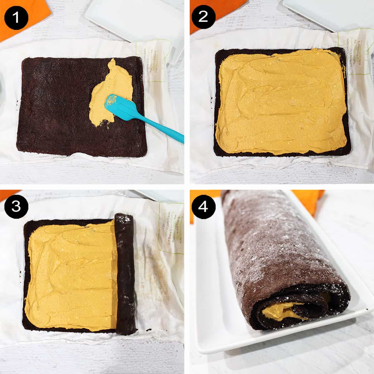 Collage of steps to assemble swiss cake roll.