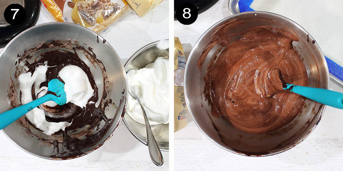 Steps to mix cool whip and chocolate batter.