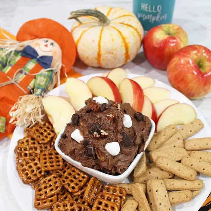 Closeup of dip in white bowl with fall decorations behind it.