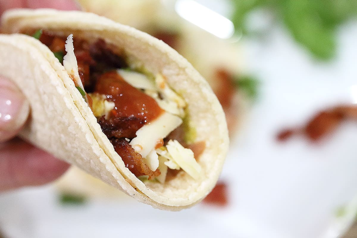 Holding street taco over table.