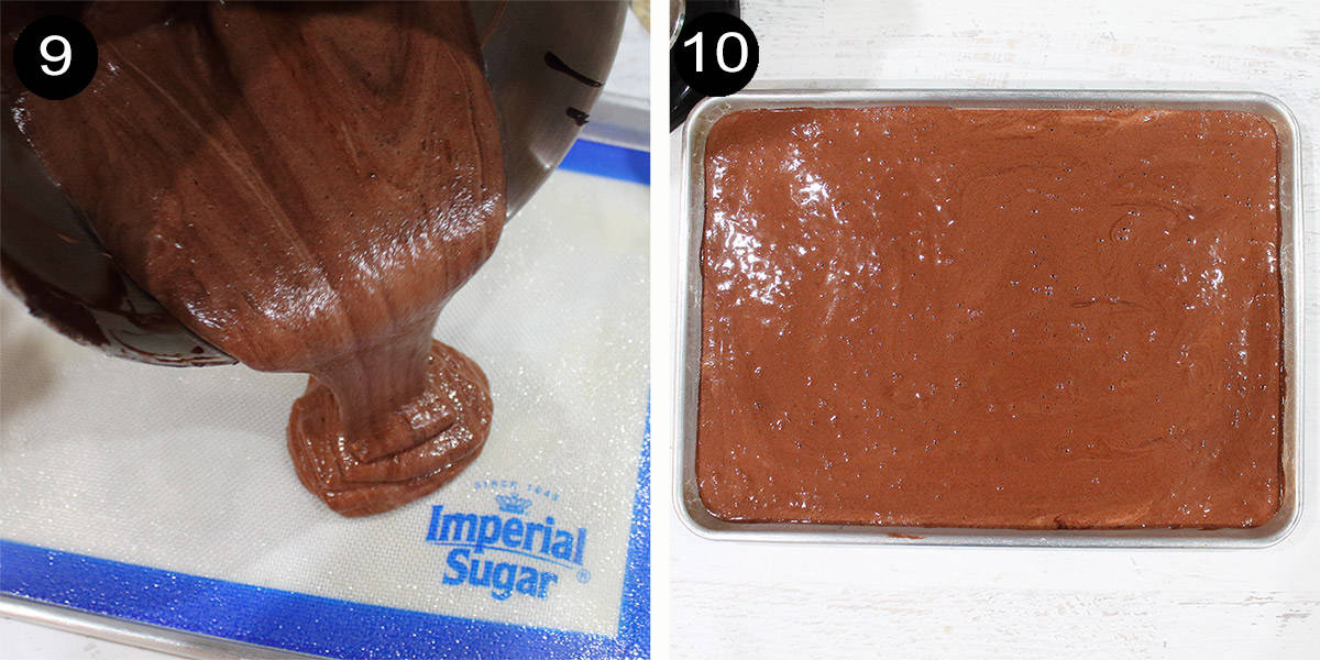Pouring batter onto sheet pan and leveling off.