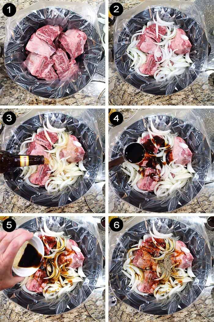 Prep steps dumping everything in crockpot for these amazing beer braised short ribs.