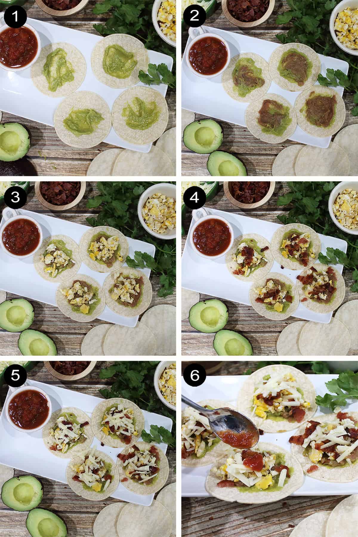 Collage of steps to make breakfast street tacos.