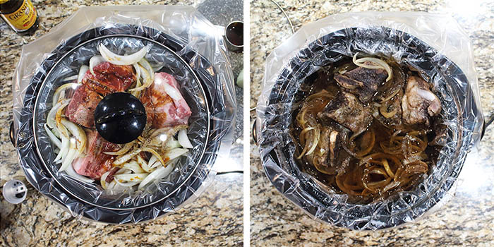 Ready to cook through finished crockpot beef ribs.