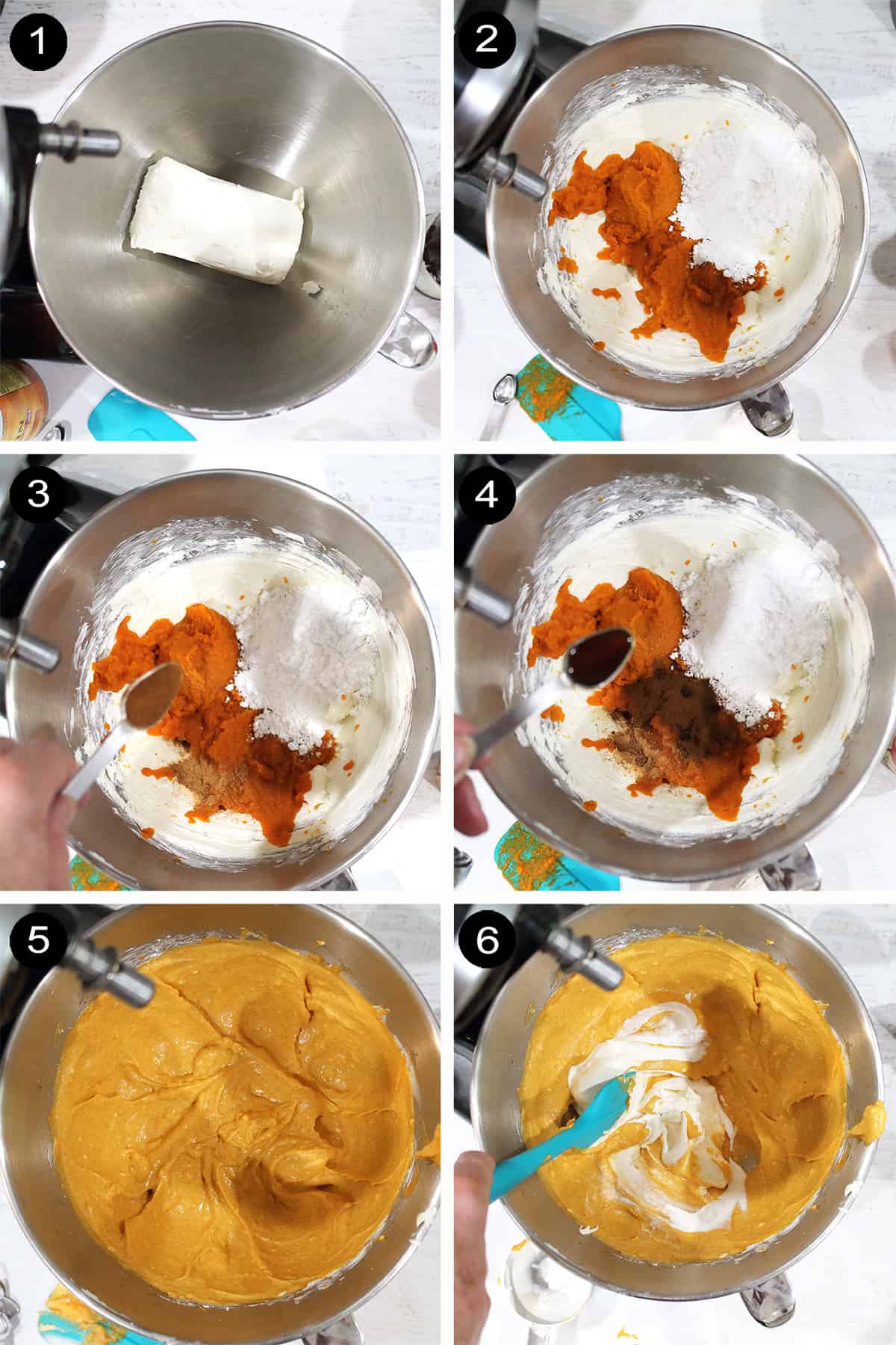 Collage of steps to make pumpkin cream cheese filling.
