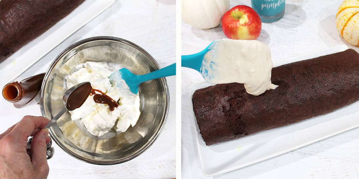 Making caramel whipped topping and frosting cake.,