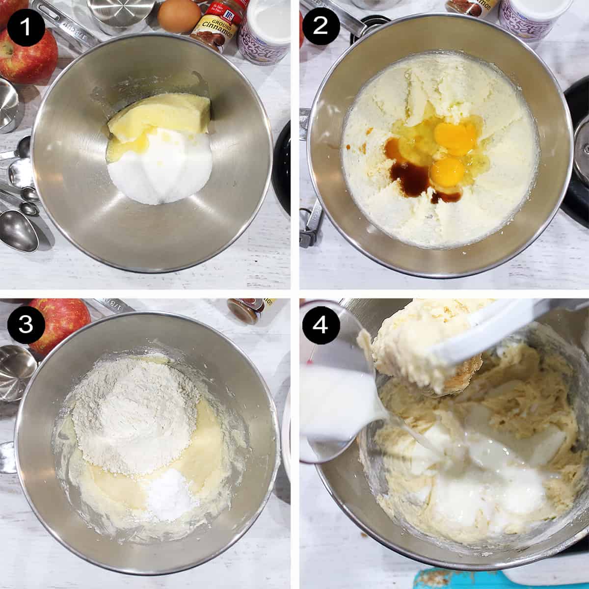 Collage of steps to make bread batter.