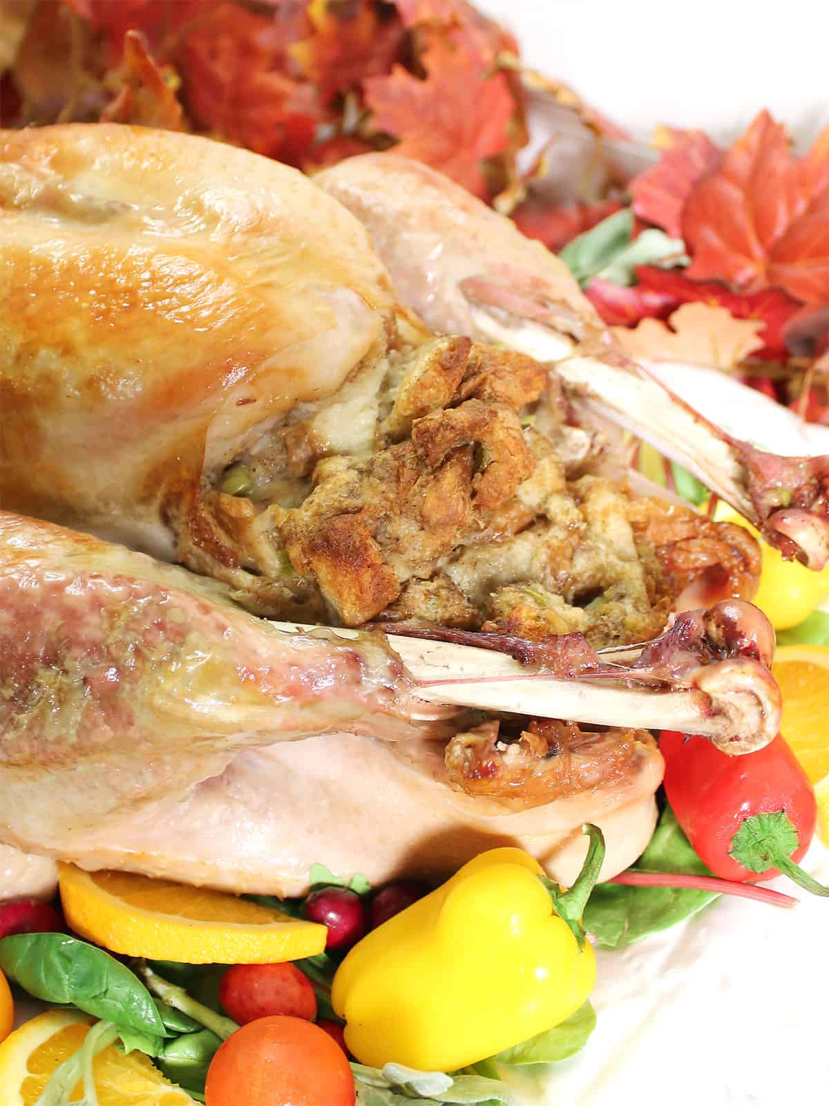 Turkey stuffing in cooked turkey.