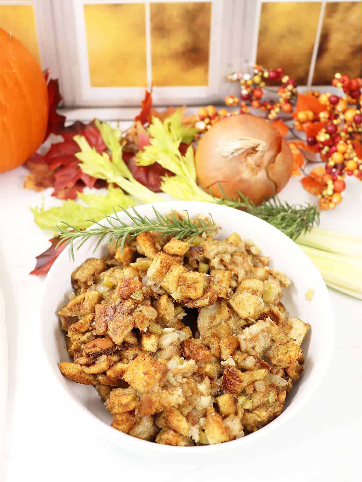 Turkey Stuffing in serving bowl.