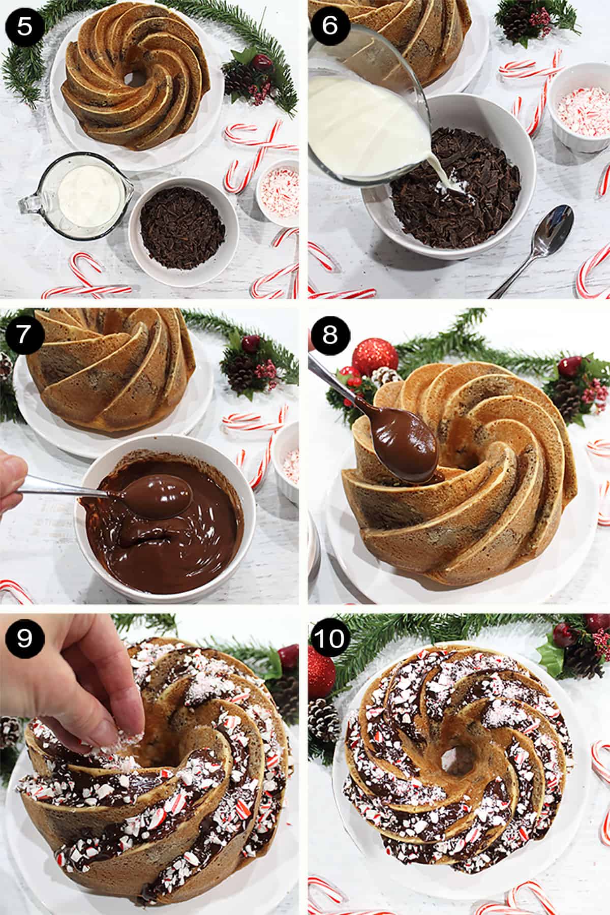 Garnishing steps for chocolate peppermint cake.