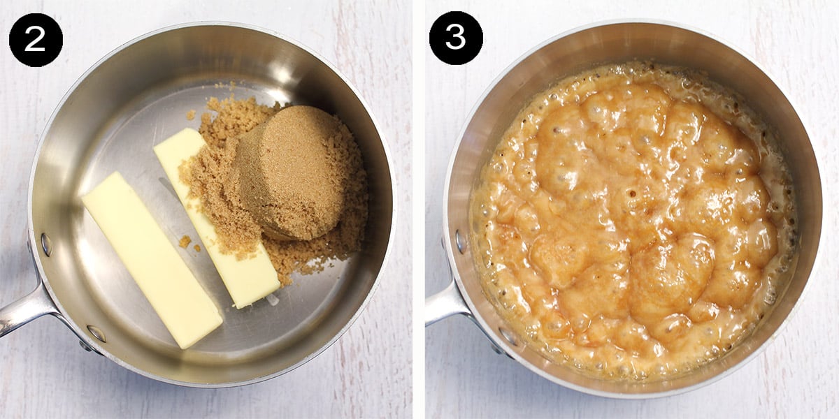 Collage of steps to make toffee.
