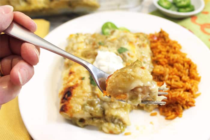 Bite of chicken burrito.
