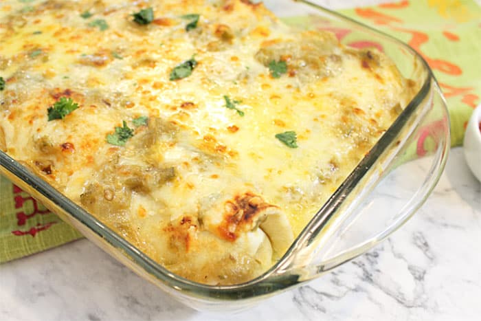 Closeup look at cheesy goodness of baked burrito casserole.