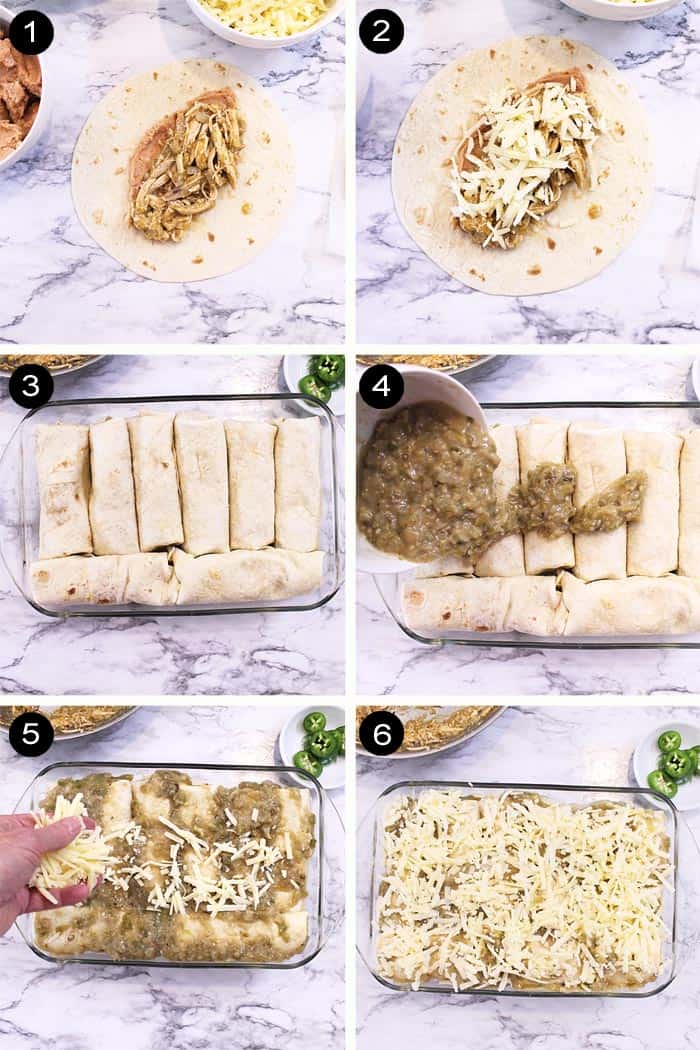 Assembling chicken burrito casserole steps.