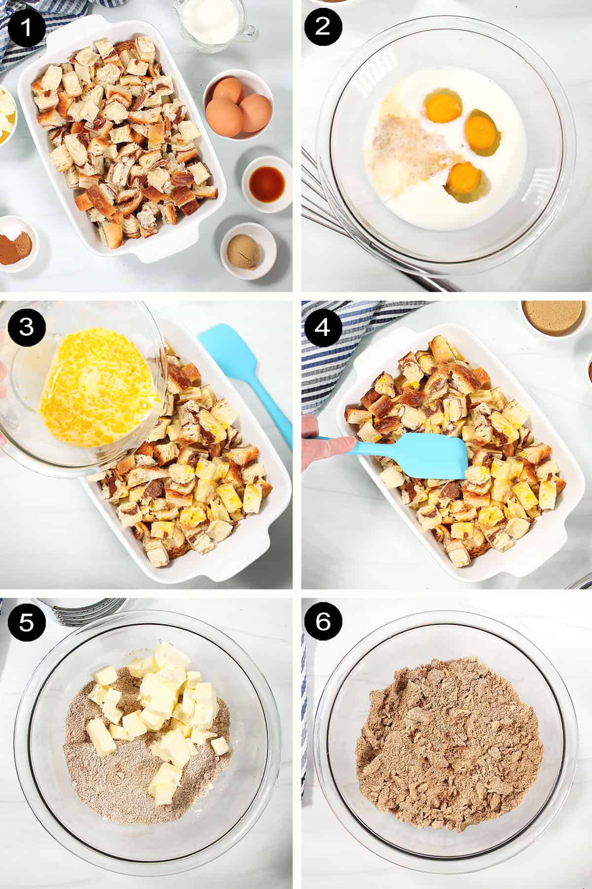 Prep steps to make overnight cinnamon french toast.